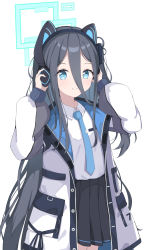 Rule 34 | animal ear headphones, aris (blue archive), black hair, black hairband, blue archive, blue eyes, blue necktie, breast pocket, bright pupils, cat ear headphones, collared shirt, fake animal ears, hair between eyes, hairband, halo, headphones, highres, jacket, long hair, multicolored clothes, multicolored jacket, necktie, one side up, pleated skirt, pocket, ringed eyes, shirt, skirt, tie clip, very long hair, white jacket, white pupils, yoi0341