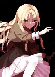 Rule 34 | 1girl, amahara nue, arm at side, artist name, assault lily, black background, blonde hair, breasts, brown dress, brown jacket, closed mouth, commentary request, cropped jacket, dress, drill hair, floating hair, frilled dress, frills, hand up, highres, holding, holding sword, holding weapon, jacket, knee up, layered dress, light particles, light smile, long hair, long sleeves, looking at viewer, medium breasts, moroi saho, neck ribbon, pleated dress, purple ribbon, red eyes, reverse grip, ribbon, school uniform, shirt, sidelocks, sign, simple background, solo, sword, thighhighs, twin drills, v-shaped eyebrows, very long hair, weapon, white shirt, white thighhighs