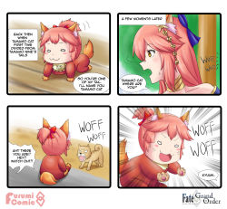 Rule 34 | 2girls, 4koma, :3, aged down, anger vein, animal, animal ear fluff, animal ears, animal hands, baby, barking, comic, commentary request, dog, english text, fang, fate/grand order, fate (series), fox ears, fox girl, fox tail, hair ribbon, highres, keita naruzawa, multiple girls, open mouth, pink hair, ponytail, ribbon, short ponytail, sitting, speech bubble, tail, tamamo (fate), tamamo cat (fate), tamamo no mae (fate/extra), tamamo no mae (third ascension) (fate), yellow eyes