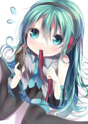 Rule 34 | bad id, bad pixiv id, boots, from above, green eyes, green hair, hair brush, hatsune miku, headphones, long hair, looking up, mouth hold, necktie, opopowa, ribbon, shirt, sitting, skirt, sleeveless, sleeveless shirt, thigh boots, thighhighs, vocaloid
