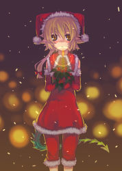 Rule 34 | 1girl, berry, candle, christmas, elbow gloves, female focus, fur trim, gloves, hat, holly, monster girl, oira, oira (kagaribi), original, pointy ears, red gloves, santa costume, santa hat, snow, snowing, solo, tail, yellow eyes