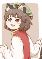 Rule 34 | 1girl, :3, animal ear fluff, animal ears, blush, brown hair, cat ears, chen, chinese clothes, dress, earrings, green hat, hat, jewelry, looking at viewer, mob cap, no pupils, piercing, pointing, poronegi, red dress, short hair, smile, tail, touhou, yellow eyes
