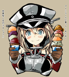 Rule 34 | 10s, 1girl, bismarck (kancolle), blonde hair, blue eyes, breasts, brown background, food, gloves, hat, ice cream, ice cream cone, iwasaki takashi, kantai collection, long hair, peaked cap, solo, too many, translation request, upper body