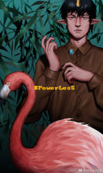 Rule 34 | 1boy, absurdres, bird, black hair, bright pupils, brown shirt, check copyright, collared shirt, copyright request, facial hair, flamingo, goatee, highres, horns, leaf, looking at viewer, male focus, original, plant, pointy ears, powerlesssong, shirt, short hair, single horn, skinny, solo, stubble, upper body, weibo logo, weibo watermark