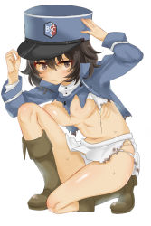 Rule 34 | 10s, 1girl, andou (girls und panzer), bad id, bad pixiv id, bc freedom military uniform, blush, boots, breasts, brown eyes, brown hair, dark-skinned female, dark skin, girls und panzer, hat, kumasawa (dkdkr), large breasts, military, military uniform, navel, panties, short hair, simple background, solo, sweat, tan, torn clothes, underwear, uniform, white background, white panties