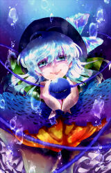 Rule 34 | 1girl, black hat, blue bow, blue eyes, blue hair, bow, bubble, closed mouth, collared shirt, colored skin, commentary, diao ye zong, eyelashes, frilled skirt, frilled sleeves, frills, green skirt, harunonanashiki, hat, hat bow, highres, holding eye, komeiji koishi, long sleeves, looking at viewer, medium hair, miniskirt, pink skin, shirt, skirt, smile, solo, straight-on, third eye, touhou, underwater, upper body, wide sleeves, yellow shirt, yellow sleeves