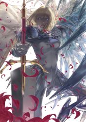 Rule 34 | 1girl, armor, blonde hair, bodysuit, cape, clare (claymore), claymore (series), claymore (sword), cowboy shot, ene (ike1001), epic, faulds, grey eyes, highres, looking at viewer, open mouth, pauldrons, petals, pteruges, short hair, shoulder armor, simple background, solo, sword, transformation, weapon