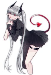 Rule 34 | 1girl, absurdres, arknights, ascot, black ascot, black dress, black pantyhose, blunt bangs, chained sarkaz girl, cropped legs, demon girl, demon horns, demon tail, dress, earrings, eyes visible through hair, from side, gongmairou bot, grey hair, hair over eyes, highres, horns, jewelry, leaning forward, long hair, long sleeves, looking at viewer, looking to the side, open mouth, own hands together, pantyhose, red eyes, simple background, single leg pantyhose, single sleeve, solo, standing, tail, thigh strap, twintails, very long hair, white background