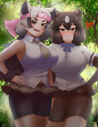 Rule 34 | 2girls, absurdres, ahoge, animal ears, arm at side, backlighting, bare arms, bare shoulders, bear ears, bike shorts, bike shorts under skirt, black hair, blush, bow, bowtie, breasts, brown bear (kemono friends), brown eyes, brown hair, closed mouth, collared shirt, commentary, cowboy shot, cuffs, day, double-parted bangs, elbow gloves, english commentary, extra ears, ezo brown bear (kemono friends), fangs, fingerless gloves, fur cuffs, gloves, green eyes, grey hair, grin, hair between eyes, half-closed eyes, hand on own hip, headband, heart, highres, impossible clothes, impossible shirt, kemono friends, large breasts, long hair, looking at viewer, medium hair, microskirt, multicolored hair, multiple girls, nanoder, naughty face, necktie, open mouth, outdoors, shirt, short sleeves, shorts, shorts under skirt, skirt, sleeveless, sleeveless shirt, smile, two-tone hair, v-shaped eyebrows, very long hair, wing collar