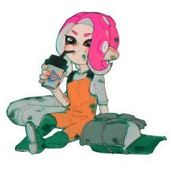Rule 34 | 1girl, bad id, bad pixiv id, baseball cap, boots, cup, drink, drinking, drinking straw, full body, green footwear, hat, holding, holding cup, lifebuoy, long hair, nintendo, octoling, octoling girl, octoling player character, oimo (oimkimn), overalls, paint, pink hair, rubber boots, salmon run (splatoon), shirt, simple background, sitting, sleeves past elbows, solo, splatoon (series), splatoon 2, suction cups, sweat, swim ring, tentacle hair, white background, white eyes, white shirt