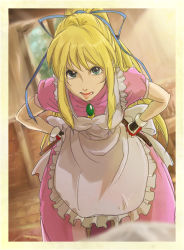 Rule 34 | 1girl, blonde hair, bow, dress, gloves, green eyes, hair bow, hands on own hips, ktsn, leaning forward, lilith aileron, long hair, looking at viewer, maid, pink dress, ponytail, solo, tales of (series), tales of destiny