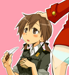 Rule 34 | 2girls, brown eyes, brown hair, charlotte e. yeager, dorinko, gertrud barkhorn, hand on another&#039;s head, knife, military, military uniform, multiple girls, open mouth, outline, pink background, potato, sleeves rolled up, strike witches, twintails, uniform, white outline, world witches series