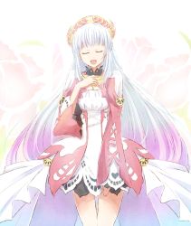 Rule 34 | 1girl, :d, choker, closed eyes, cowboy shot, diadem, dress, floating hair, gradient hair, lailah (tales), long hair, long sleeves, mishiro (andante), multicolored hair, open mouth, silver hair, smile, solo, standing, tales of (series), tales of zestiria, two-tone hair, very long hair, white dress
