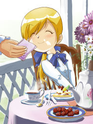 Rule 34 | blonde hair, bow, cake, chair, closed eyes, cream, cup, flower, food, food on face, fork, hair bow, hair ribbon, handkerchief, inui (jt1116), original, plate, ribbon, saucer, sitting, smile, solo, spoon, steam, sweets, teacup, teapot, wiping face, witch