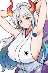 Rule 34 | 1girl, absurdres, aqua hair, armpits, arms behind head, artist request, bare shoulders, breasts, female focus, highres, horns, large breasts, long hair, looking at viewer, multicolored hair, one piece, orange eyes, sideboob, simple background, smile, solo, teeth, upper body, white background, white hair, yamato (one piece)