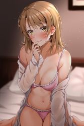 Rule 34 | 1girl, bed, blurry, blurry background, blush, bra, breasts, brown hair, cleavage, closed mouth, collarbone, commentary request, cowboy shot, depth of field, eyes visible through hair, frilled bra, frilled panties, frills, indoors, isshiki iroha, kitaku (nakamachi machi), large breasts, light particles, looking at viewer, medium hair, navel, on bed, open clothes, open shirt, panties, pillow, ribbon, ribbon bra, shirt, sideboob, sitting, solo, underwear, undressing, wariza, wavy mouth, white shirt, yahari ore no seishun lovecome wa machigatteiru., yellow eyes