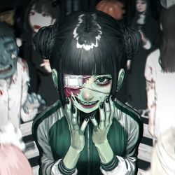 Rule 34 | 1boy, 5girls, black eyes, black hair, black jacket, blood, blood on clothes, blunt bangs, blurry, blurry background, braces, colored skin, commentary request, daikon (tomohiro158), double bun, earrings, eyepatch, fingernails, grey skin, habit, hair bun, hands on own cheeks, hands on own face, highres, horror (theme), jacket, jewelry, long hair, long sleeves, looking at viewer, looking away, multiple girls, nail polish, one eye covered, open mouth, original, pumpkin hat, short hair, smile, solo focus, stitched face, stitches, striped clothes, striped jacket, teeth, upper body, white stripes, zombie