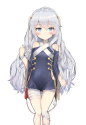 Rule 34 | 1girl, applepie (12711019), bandaged knees, bandaged leg, bandaged neck, bandages, blood, blood bag, blue eyes, blush, clothing cutout, cowboy shot, girls&#039; frontline, gold trim, grey hair, twirling hair, highres, long hair, looking at viewer, ribeyrolles (girls&#039; frontline), side cutout, simple background, solo, standing, very long hair, white background