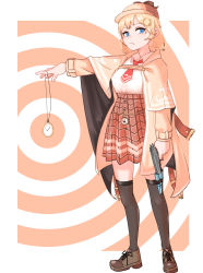 Rule 34 | 1girl, absurdres, blonde hair, blue eyes, breasts, capelet, collared shirt, deerstalker, frown, gun, hair behind ear, hair ornament, handgun, hat, high-waist skirt, highres, holding, holding gun, holding pocket watch, holding weapon, hololive, hololive english, kiwwwwwi, looking at viewer, medium breasts, necktie, pistol, plaid, plaid skirt, pocket watch, red necktie, shirt, shirt tucked in, short hair, short necktie, skirt, solo, standing, syringe, thighhighs, virtual youtuber, watch, watson amelia, watson amelia (1st costume), weapon, white shirt