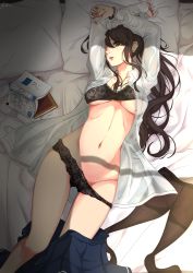 Rule 34 | 1girl, bed, bed sheet, bra, bra lift, bracelet, breasts, brown eyes, brown hair, commentary, commission, english commentary, highres, jewelry, kizuchi r, large breasts, long hair, lying, navel, necklace, on back, open clothes, open shirt, original, panties, panty pull, pantyhose, unworn pantyhose, parted lips, pillow, pink lips, pussy juice, shirt, skirt, unworn skirt, solo, underboob, underwear, white shirt