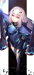 Rule 34 | 1girl, armor, armored dress, blue armor, blue dress, breastplate, breasts, brown eyes, dress, melusine (fate), melusine (first ascension) (fate), fate/grand order, fate (series), faulds, forked eyebrows, highres, long hair, looking at viewer, ninoude (ninoude44), pauldrons, short dress, shoulder armor, sidelocks, small breasts, solo, thighs, weapon, white hair