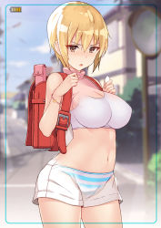 1girl, backpack, bag, bangs, bare arms, bare shoulders, battery indicator, blonde hair, blue panties, blurry, blurry background, bra, bracelet, breasts, brown eyes, cleavage, cloud, cowboy shot, crime prevention buzzer, day, depth of field, hair between eyes, hand up, highres, holding, house, impossible clothes, jewelry, lamppost, large breasts, looking at viewer, nakamura yukitoshi, navel, open mouth, original, outdoors, panties, phone screen, randoseru, road, shiny, shiny hair, short hair, shorts, sidelocks, solo, standing, stomach, street, striped, striped panties, underwear, v-shaped eyebrows, white bra, white shorts, x-ray
