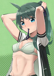 Rule 34 | 1girl, absurdres, ahoge, blue eyes, bra, breasts, commentary request, green background, green bra, green hair, hair ribbon, hasegawa (hase popopo), highres, holding, holding hair, long hair, mouth hold, national shin ooshima school uniform, navel, open clothes, open shirt, ponytail, ribbon, saegusa wakaba, school uniform, small breasts, solo, underwear, upper body, vividred operation