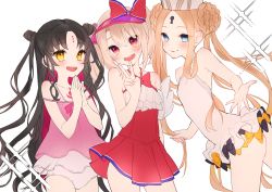 Rule 34 | 3girls, abigail williams (fate), abigail williams (swimsuit foreigner) (fate), abigail williams (swimsuit foreigner) (second ascension) (fate), absurdres, babydoll, bare shoulders, black bow, black hair, blonde hair, blue eyes, blush, bow, braid, braided bun, breasts, chest tattoo, chiyomaru (yumichiyo0606), closed mouth, cone hair bun, double bun, dress swimsuit, facial mark, fate/grand order, fate (series), forehead, forehead mark, hair bun, hat, highres, illyasviel von einzbern, illyasviel von einzbern (swimsuit archer), illyasviel von einzbern (swimsuit archer) (second ascension), inflatable armbands, keyhole, long hair, looking at viewer, mitre, multicolored hair, multiple bows, multiple girls, one-piece swimsuit, open mouth, orange bow, parted bangs, pink babydoll, pink hair, pink one-piece swimsuit, red bow, red eyes, red one-piece swimsuit, sessyoin kiara, sessyoin kiara (lily), sidelocks, simple background, small breasts, smile, sparkle, streaked hair, swimsuit, tattoo, thighs, twintails, very long hair, visor cap, wavy hair, white background, white hair, white headwear, white one-piece swimsuit, yellow eyes