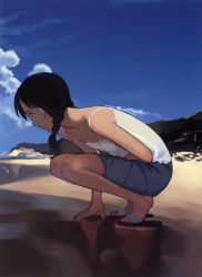 Rule 34 | 1girl, beach, braid, cloud, day, highres, outdoors, sandals, sky, solo, squatting, takamichi