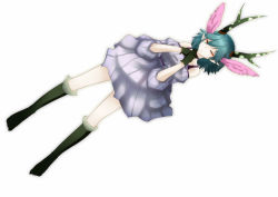 Rule 34 | 10s, 1girl, bare shoulders, blue hair, c (control), cheungchz, closed eyes, dress, female focus, full body, gloves, gradient background, head wings, horns, kneehighs, pointy ears, q (control), short hair, simple background, socks, solo, white background, wings