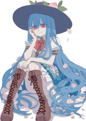 Rule 34 | 1girl, absurdly long hair, absurdres, apron, black hat, blue hair, blue skirt, boots, bow, bowtie, brown footwear, center frills, closed mouth, collared shirt, cross-laced footwear, frilled skirt, frills, full body, hair between eyes, hand on own cheek, hand on own face, hat, highres, hinanawi tenshi, knees together feet apart, lace-up boots, large hat, leaf hat ornament, light smile, long hair, looking at viewer, peach hat ornament, print apron, puffy short sleeves, puffy sleeves, red bow, red bowtie, red eyes, shirt, shocho (shaojiujiu), short sleeves, simple background, sitting, skirt, solo, touhou, very long hair, white apron, white background, white shirt