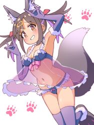 Rule 34 | 1girl, animal ear fluff, animal ears, armpits, arms up, babydoll, black hair, black panties, bow, bow panties, breasts, brown eyes, commentary, dot nose, double fox shadow puppet, elbow gloves, fox ears, fox shadow puppet, fox tail, frilled panties, frills, fur-trimmed gloves, fur trim, gloves, grin, hair ornament, hair ribbon, hairclip, highres, light blush, long hair, looking at viewer, medium breasts, multicolored hair, navel, nuurise2023, onii-chan wa oshimai!, oyama mihari, panties, paw print, paw print background, paw shoes, purple gloves, purple hair, purple thighhighs, red ribbon, ribbon, see-through, simple background, smile, solo, stomach, tail, thighhighs, twintails, two-tone hair, underwear, white background
