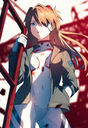 Rule 34 | 1girl, blue eyes, bodysuit, breasts, commentary, commentary request, covered navel, cowboy shot, evangelion: 3.0+1.0 thrice upon a time, eyepatch, hair ornament, hand in pocket, highres, jacket, long hair, looking at viewer, medium breasts, neon genesis evangelion, open clothes, open jacket, orange hair, pilot suit, plugsuit, rebuild of evangelion, solo, souryuu asuka langley, standing, white bodysuit, yakisobaosu