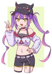 Rule 34 | 1girl, :d, black choker, black hat, black shorts, choker, cowboy shot, cropped legs, fang, gradient hair, green eyes, green nails, grey jacket, hand on own hip, hat, hololive, horned hat, jacket, long sleeves, looking at viewer, midriff, multicolored hair, multicolored nails, nail polish, navel piercing, o-ring, o-ring choker, off shoulder, open mouth, piercing, purple hair, red nails, short shorts, shorts, smile, solo, tokoyami towa, twintails, v, virtual youtuber, wool (miwol)