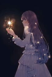 Rule 34 | 1girl, anna (k0130), black background, blue eyes, blue hair, closed mouth, dress, frills, from side, glowing, hands up, highres, long hair, long sleeves, original, profile, simple background, solo, standing, star (symbol), very long hair, white dress