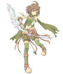 Rule 34 | 1girl, arrow (projectile), belt, boots, bow (weapon), breasts, brown belt, cleavage, closed mouth, commentary request, fingerless gloves, full body, gloves, green gloves, green scarf, green shorts, green thighhighs, green tube top, holding, holding bow (weapon), holding weapon, looking at viewer, midriff, pouch, ragnarok online, ranger (ragnarok online), scarf, shimotsuki nozomi, short hair, shorts, simple background, small breasts, smile, solo, split mouth, strapless, thighhighs, tube top, weapon, white background