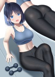 Rule 34 | 1girl, :d, ass, bare arms, bare shoulders, black hair, black pantyhose, blue eyes, breasts, cleavage, collarbone, commentary request, crop top, dumbbell, eyes visible through hair, fine fabric emphasis, gurande (g-size), highres, medium breasts, midriff, multiple views, narumiya inori, navel, open mouth, original, pantyhose, smile, swept bangs