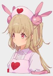 Rule 34 | &gt; &lt;, 1girl, apron, blonde hair, blush, center frills, closed mouth, collared dress, commentary request, cropped torso, dress, frills, grey background, hair ornament, hat, heart, heart print, highres, long hair, natori sana, nurse cap, pink apron, pink hat, puffy short sleeves, puffy sleeves, rabbit hair ornament, red eyes, safety pin, sana channel, short sleeves, simple background, solo, two side up, upper body, virtual youtuber, white dress, zumi tiri