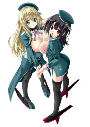 Rule 34 | 10s, 2girls, :o, ass, atago (kancolle), black hair, black legwear, blonde hair, blush, breast press, breasts, from above, gloves, green eyes, holding hands, hat, highres, kantai collection, large breasts, long hair, looking at viewer, looking up, md5 mismatch, military, military uniform, multiple girls, no bra, noritama (gozen), open clothes, open mouth, pantyhose, personification, purple eyes, red eyes, short hair, smile, symmetrical docking, takao (kancolle), thighhighs, uniform, yuri