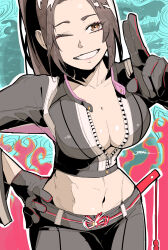 1girl black_gloves breast_zipper breasts brown_hair cleavage fatal_fury fatal_fury:_city_of_the_wolves gloves hand_fan hand_on_own_hip highres holding holding_fan jinbei midriff one_eye_closed orange_hair ponytail salute shiranui_mai smile two-finger_salute