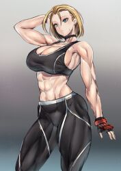 Rule 34 | 1girl, abs, bare shoulders, blonde hair, blue eyes, breasts, cammy white, highres, koucha indian, large breasts, muscular, muscular female, pants, short hair, sleeveless, sports bra, street fighter, street fighter 6