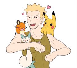 Rule 34 | 1boy, :d, blonde hair, blush, closed eyes, commentary request, creatures (company), dedenne, dog tags, game freak, gen 1 pokemon, gen 4 pokemon, gen 6 pokemon, green shirt, happy, heart, jaho, male focus, nintendo, open mouth, pachirisu, pectorals, pikachu, pokemon, pokemon (creature), pokemon hgss, shirt, short hair, sleeveless, sleeveless shirt, smile, surge (pokemon), teeth, tongue, upper body, upper teeth only