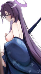 Rule 34 | 1girl, absurdres, archi (aruki), blue archive, breasts, feet out of frame, flower, from side, hair flower, hair ornament, halo, haori, highres, japanese clothes, long hair, long sleeves, medium breasts, nipples, open mouth, profile, purple eyes, purple flower, purple hair, purple halo, simple background, solo, white background, wide sleeves, yukari (blue archive)