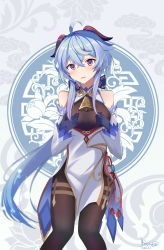 Rule 34 | 1girl, absurdres, ahoge, bare shoulders, bell, black gloves, black legwear, blue hair, blush, bow, bowtie, breasts, chinese knot, covering privates, covering breasts, curled horns, dated, detached sleeves, flower knot, ganyu (genshin impact), genshin impact, gloves, gold trim, highres, horns, kliored, long hair, looking at viewer, medium breasts, multicolored eyes, neck bell, sidelocks, signature, solo, tassel, thighlet, very long hair, vision (genshin impact), white sleeves