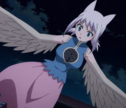Rule 34 | 1girl, airborne, alternate form, bare arms, bird wings, blue eyes, breasts, cleavage, cloud, dark sky, fairy tail, feathers, fishnet top, fishnets, flying, in air, large breasts, lisanna strauss, long skirt, looking down, night, night sky, outdoors, parted lips, screencap, short hair, skirt, sky, solo, transformation, twintails, white hair, wings
