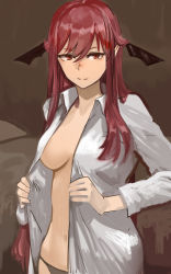 Rule 34 | 1girl, bad id, bad twitter id, bat wings, bed, black panties, breasts, clothes lift, commentary request, cowboy shot, dress, dress lift, hair between eyes, head wings, highres, koakuma, light smile, long hair, looking at viewer, medium breasts, murasusu, navel, no bra, one-hour drawing challenge, open clothes, open shirt, panties, pointy ears, red eyes, red hair, shirt, sidelocks, sketch, solo, standing, touhou, underwear, undressing, very long hair, white shirt, wings