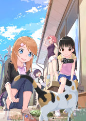 Rule 34 | 4girls, :d, ahoge, animal, black hair, black jacket, black shorts, blue eyes, blue skirt, blue sky, blunt bangs, bottle, brown eyes, brown hair, camcorder, cat, closed mouth, clothesline, cloud, collarbone, commentary request, day, deck, denim, fence, hair ornament, hairclip, hand on own hip, hand on own knee, highres, holding, house, jacket, jeans, laundry basket, long hair, max melon, medium hair, multiple girls, open mouth, original, outstretched arm, pants, pink shirt, pleated skirt, power lines, purple eyes, purple hair, purple shirt, red hair, shirt, short hair, short shorts, short sleeves, shorts, skirt, sky, smile, teeth, tree, upper teeth only, utility pole, video camera, water bottle, white shirt, white shorts, window, x hair ornament, yellow eyes