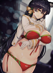 Rule 34 | 1girl, animal ears, atago (azur lane), azur lane, bell, bikini, black hair, blurry, breasts, character name, christmas, christmas tree, cleavage, clothes lift, clothes writing, condom, condom wrapper, cowboy shot, depth of field, gloves, hair bell, hair ornament, highres, large breasts, lifting own clothes, long hair, looking at viewer, mole, mole under eye, navel, pandea work, red bikini, smile, solo, standing, swimsuit, white gloves, yellow eyes