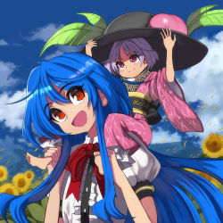 Rule 34 | 2girls, :d, barefoot, black headwear, black sash, blue hair, blue sky, blush, bow, bowtie, carrying over shoulder, center frills, cloud, commentary request, day, field, flower, flower field, food, frills, fruit, hair between eyes, hat, unworn hat, head tilt, unworn headwear, highres, hinanawi tenshi, japanese clothes, kimono, leaf, long hair, long sleeves, looking at another, looking up, multiple girls, obi, open mouth, outdoors, peach, petals, petticoat, puffy short sleeves, puffy sleeves, purple hair, purple kimono, red bow, red eyes, red neckwear, sash, shirt, short hair, short sleeves, sidelocks, sky, smile, sukuna shinmyoumaru, sunflower, sunflower field, syope, touhou, upper body, white shirt, wide sleeves