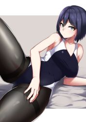 Rule 34 | 1girl, arm support, bed sheet, black one-piece swimsuit, bob cut, border, breasts, competition swimsuit, grey background, hand on own thigh, kaname nagi, large breasts, leg up, looking to the side, lying, nijisanji, on side, one-piece swimsuit, pantyhose, pantyhose under swimsuit, purple hair, shizuka rin, solo, spread legs, swimsuit, thighs, virtual youtuber, white border, yellow eyes